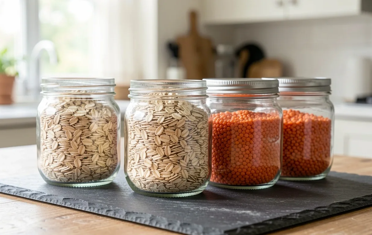 Whole grains and legumes on stone surface